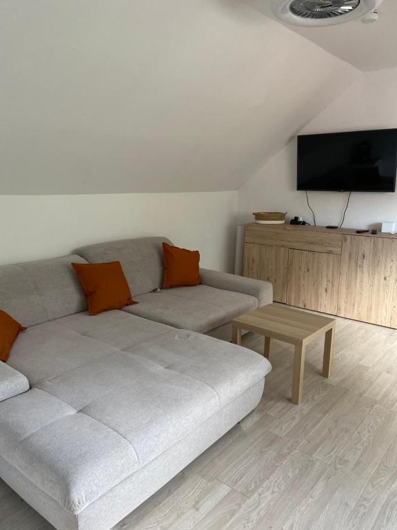 uma sala de estar com um sofá e uma televisão de ecrã plano em Casa Andrea 3-Zimmer Wohnung em Wallersdorf