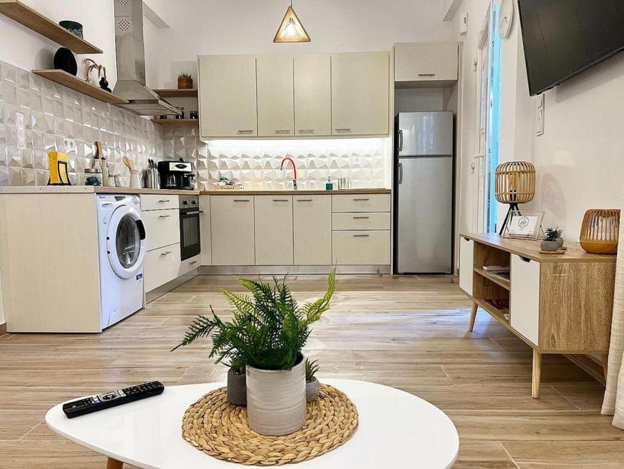 a kitchen with white appliances and a table with a plant at "Calm Joy & J" - Family in Ermoupoli