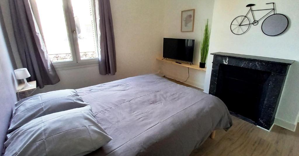 a bedroom with a bed and a fireplace and a tv at Histoire de Loire - AUBANCE in Saumur