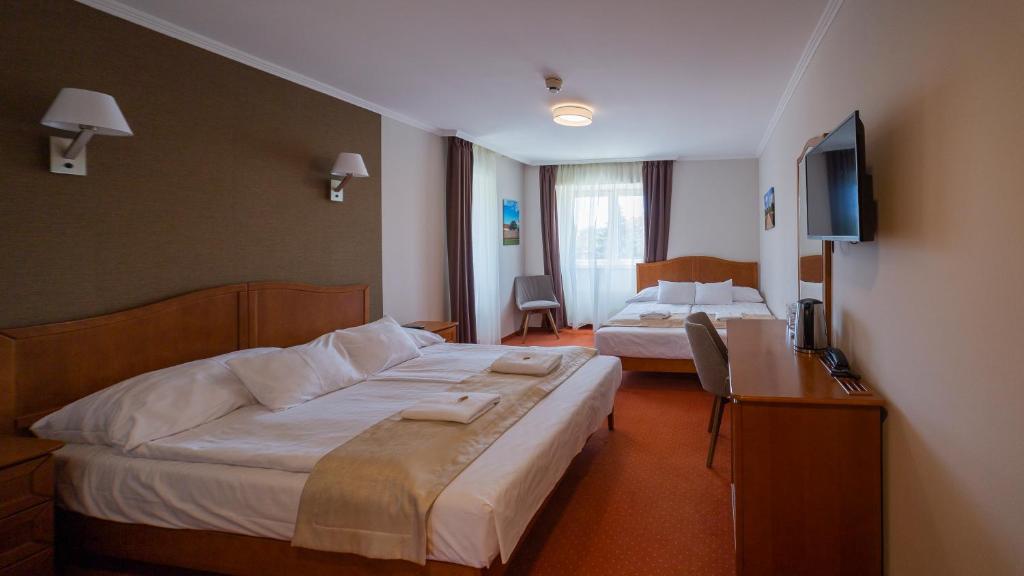 a hotel room with two beds and a television at Hotel Aqua Sárvár in Sárvár