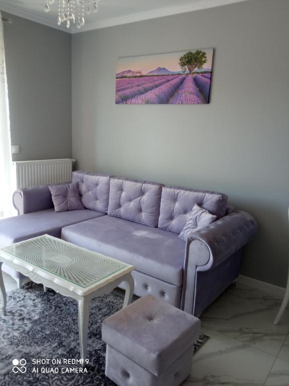 een woonkamer met een paarse bank en een tafel bij Apartament Lawendowy in Kudowa-Zdrój