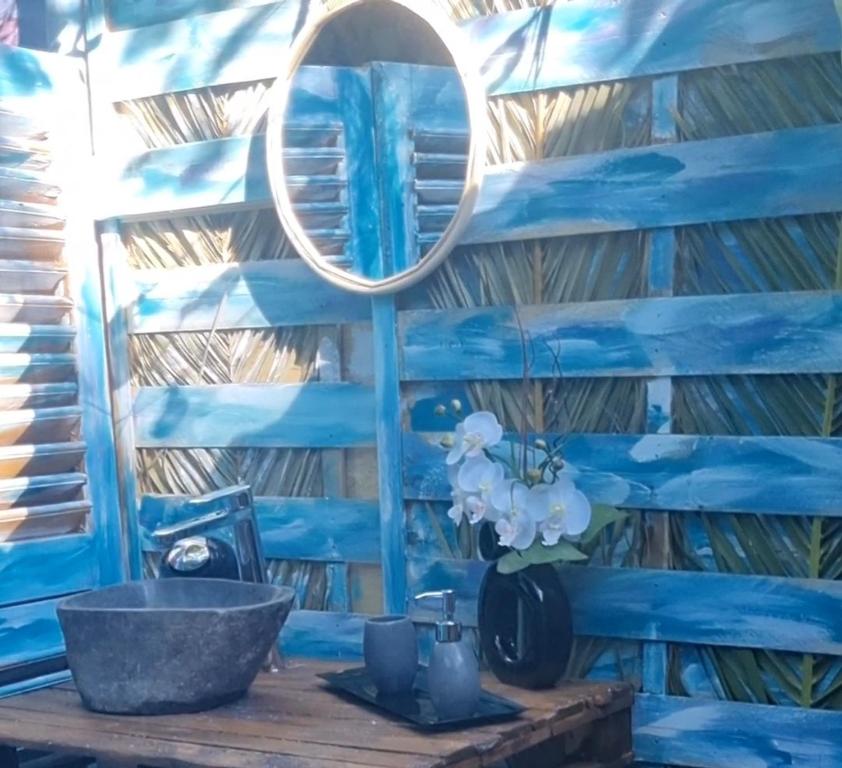 ein blaues Zimmer mit einem Spiegel und einem Tisch in der Unterkunft Domaine Authentique de Rose in Porto-Vecchio