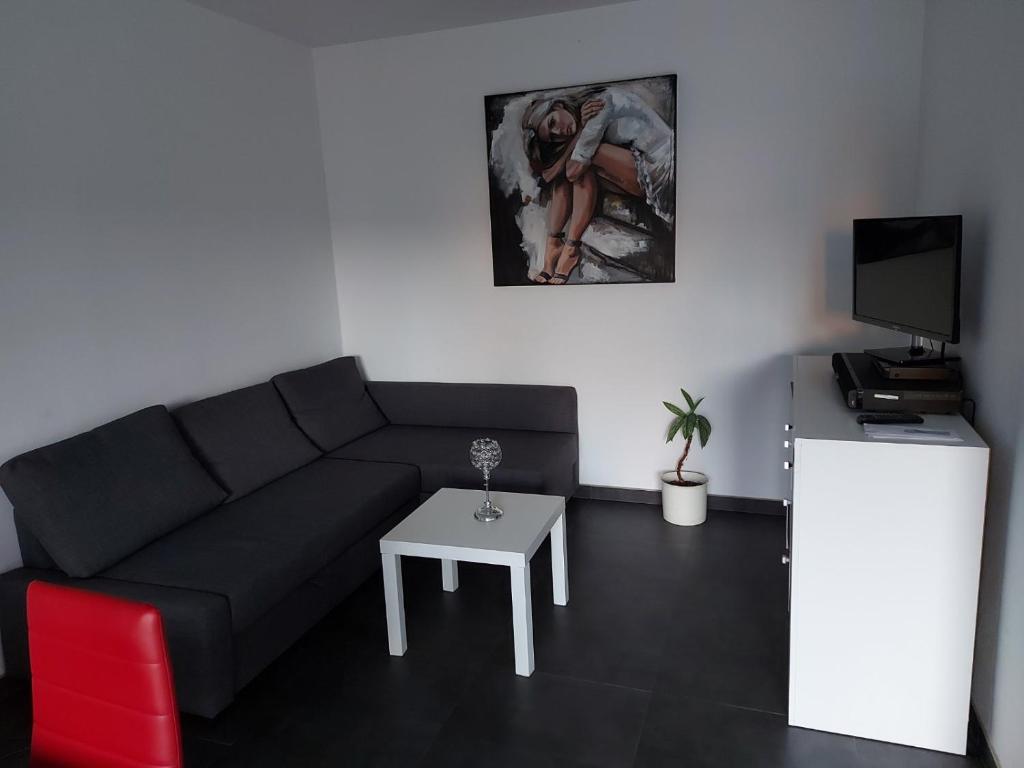 ein Wohnzimmer mit einem schwarzen Sofa und einem Tisch in der Unterkunft Several different rooms, newly furnished, in a new house in Vichten in Vichten