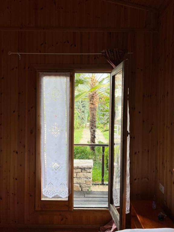 uma janela num quarto com vista para uma palmeira em Blen Grand em Berati