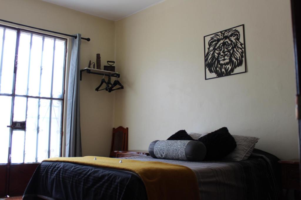 Habitaciones 1 acceso independiente y autonomo Puebla في بوبلا: غرفة نوم مع سرير في غرفة مع نافذة