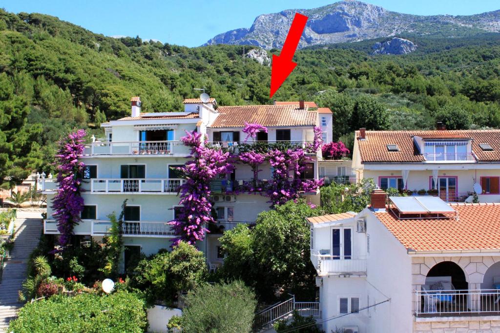 een groot wit gebouw met paarse bloemen erop bij Apartments and rooms with parking space Podgora, Makarska - 6790 in Podgora