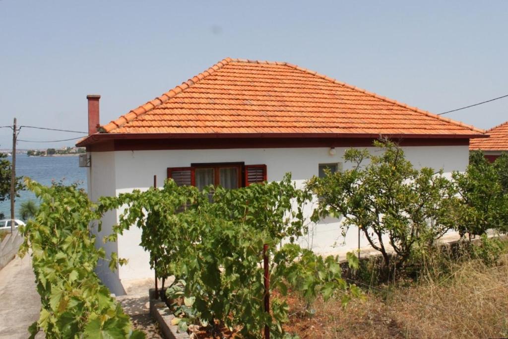 a white house with a red roof and a bunch of grapes at Apartments by the sea Kali, Ugljan - 8270 in Kali