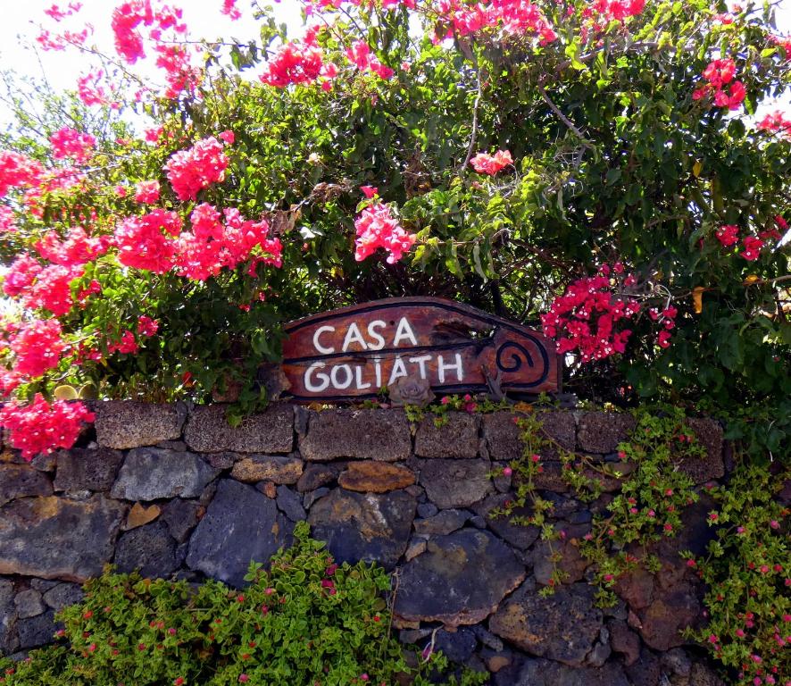 a sign on a stone wall with pink flowers at Casa Goliath in Isora