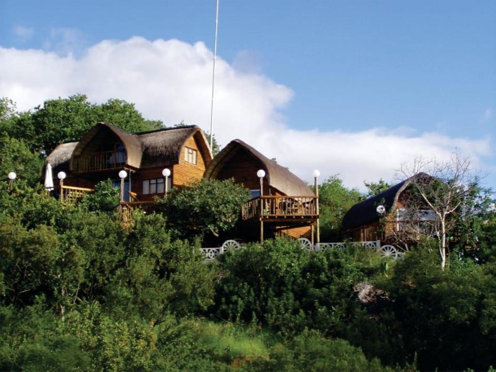 a house with thatched roofs on top of a hill at Geo Trail Lodge and Spa in Barberton