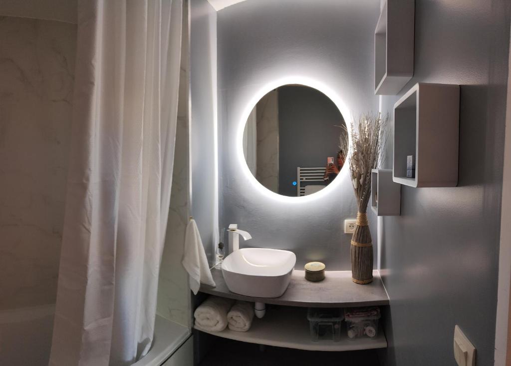 W łazience znajduje się umywalka i lustro. w obiekcie Le Manhattan 3*, Lumineux , calme vue sur le lac w mieście Bruges
