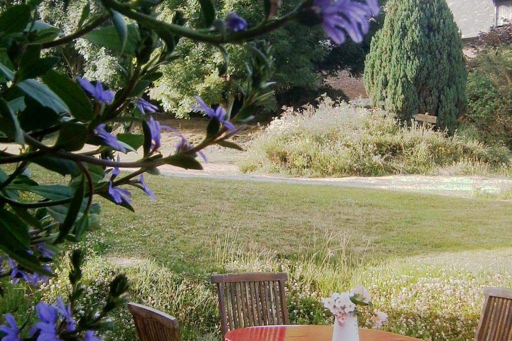 a table with a vase of flowers on it in a garden at GITE DE CHARME SUR LA COTE D'ALBATRE in Saint-Aubin-sur-Mer