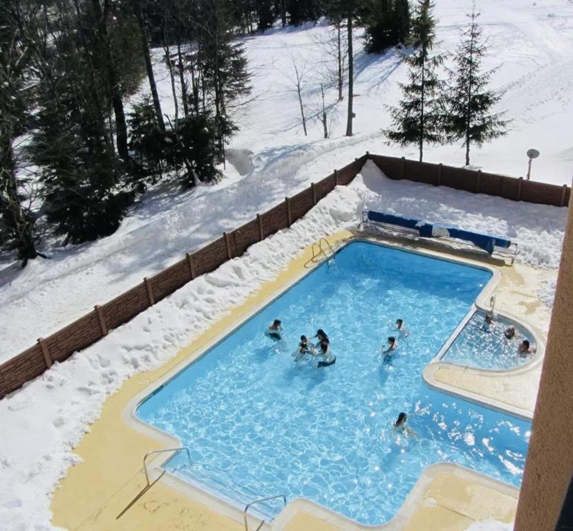 a group of people in a swimming pool in the snow at Snowshoe Ski-in & Ski-out at Silvercreek Resort - Family friendly, jacuzzi, hot tub, mountain views in Snowshoe