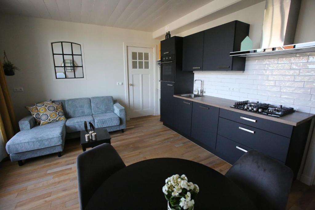 cocina y sala de estar con sofá y mesa en Recreatieappartement BoerdeRijlst - De Winkel, en Sint Nicolaasga