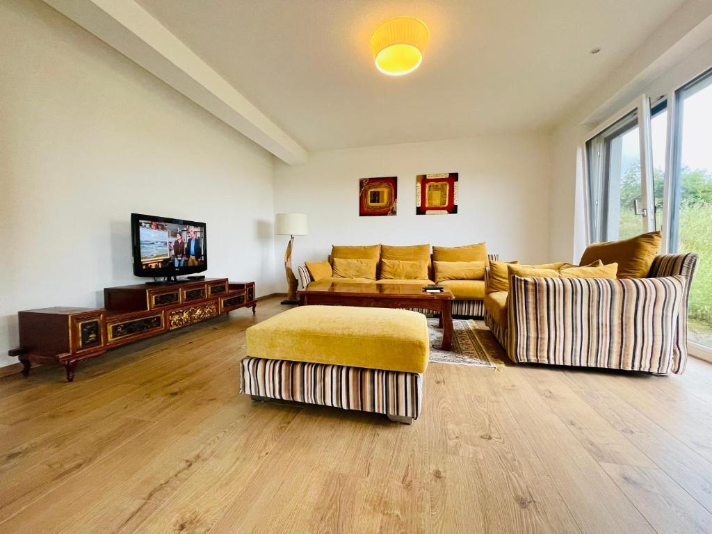 a living room with two couches and a tv at Moderne Ferienwohnung am Rothsee in Hilpoltstein