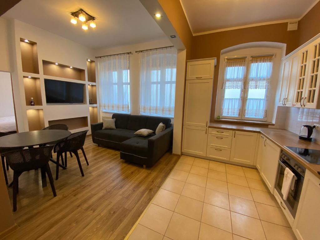 cocina y sala de estar con sofá y mesa en Apartament F21B Deluxe w Bielawie Góry Sowie en Bielawa