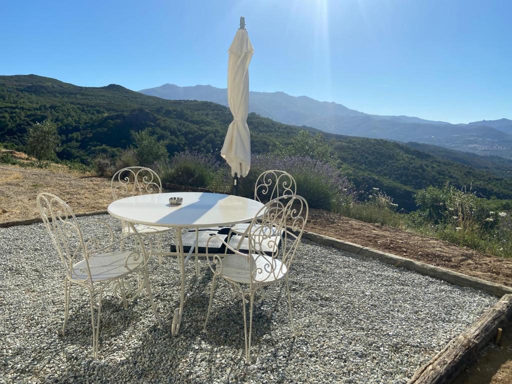 einen Tisch mit Stühlen und einen Regenschirm auf einem Hügel in der Unterkunft Gîte à la ferme chez Félix et Marie-Ca in Vallecalle