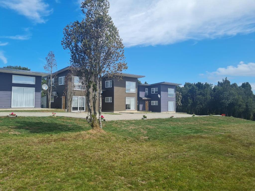 une maison sur une colline avec un arbre dans un champ dans l'établissement Cabañas Alto Volcanes, à Puerto Montt