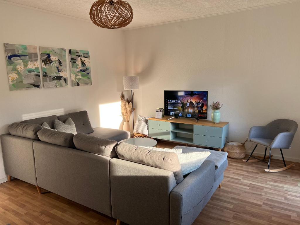 ein Wohnzimmer mit einem Sofa und einem TV in der Unterkunft NEU: Grüne Idylle nahe Hauptbahnhof & Hufeisensee in Halle an der Saale