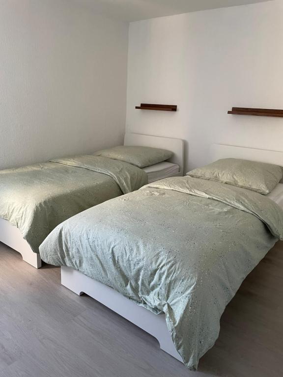- SANO Apartments - bei Uwe في هاغين: سريرين يجلسون بجانب بعض في غرفة النوم