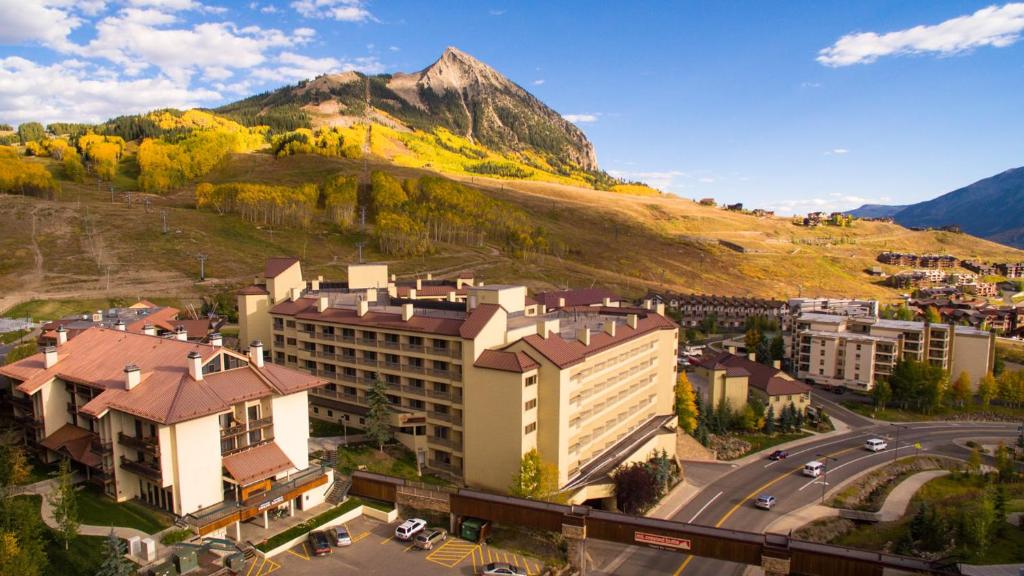 an aerial view of a city with a mountain at Elevation Hotel & Spa in Crested Butte