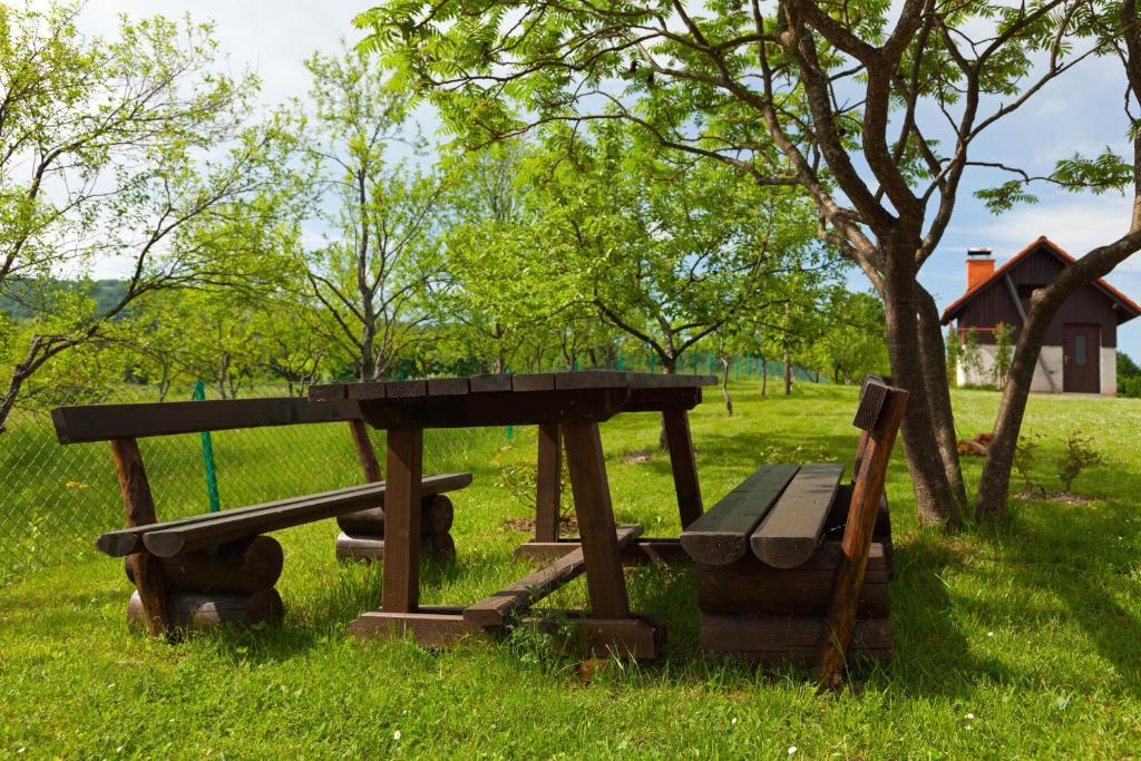 a picnic table and a bench in a park at Apartment Smoljanac 14023a in Smoljanac