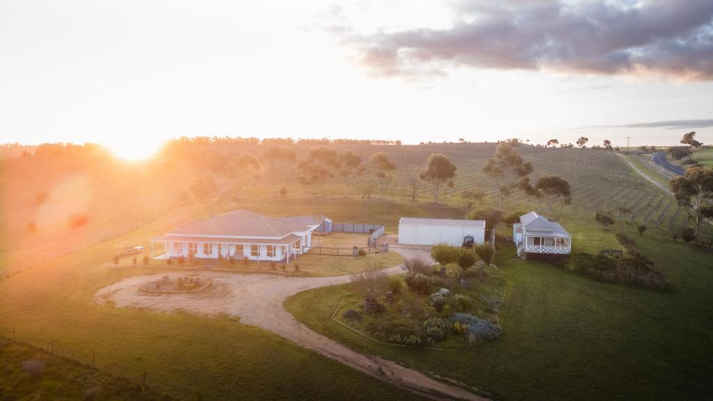 an aerial view of a house on a field at Harry Scotts Farmhouse At Vineyard in Bannockburn