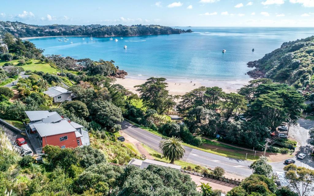 an aerial view of a beach and the ocean at Aqua Sands #2 in Oneroa