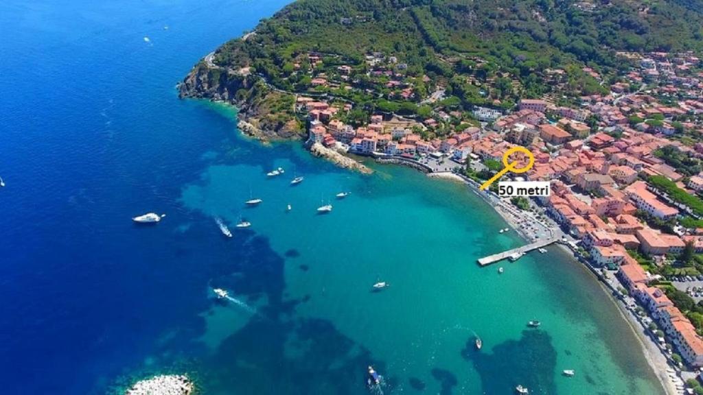 z powietrza widok na plażę z łodziami w wodzie w obiekcie Il Rifugio del Pescatore w mieście Marciana Marina