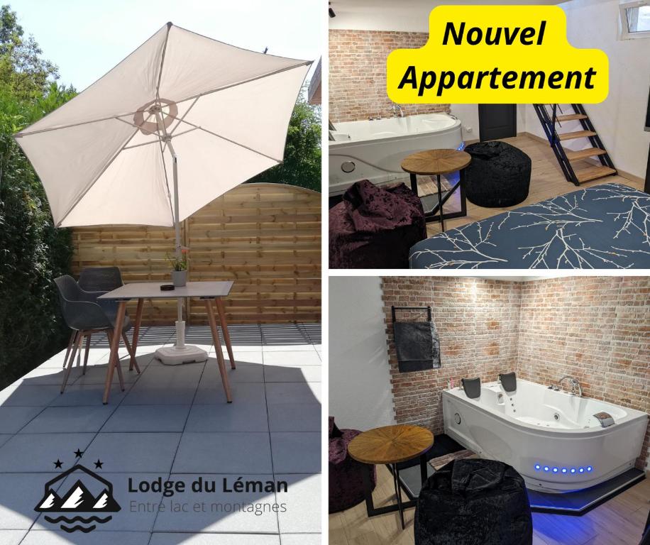 a collage of photos with an umbrella and a bathtub at Lodge du Léman in Sciez