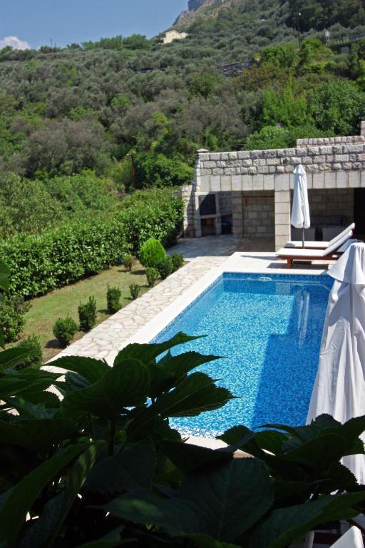 a swimming pool with a view of a mountain at Villa Sveta in Petrovac na Moru
