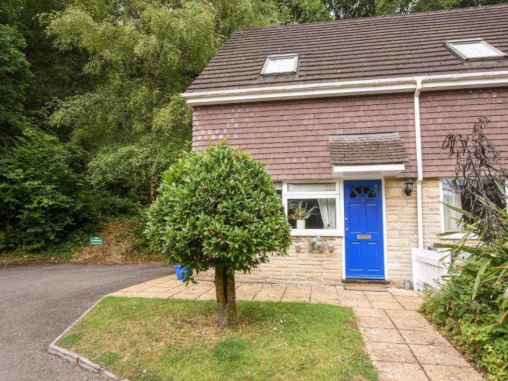 ein Haus mit einer blauen Tür und einem Baum in der Unterkunft 52 Fernhill Heights in Bridport