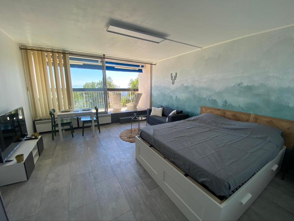 1 dormitorio con cama, mesa y escritorio en Le Panorama - GÎTES MARCK, en Turckheim