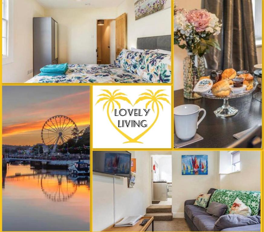 a collage of photos of a hotel room at Lovely Period Cottage sleeps 4 resting in Torquay in Torquay