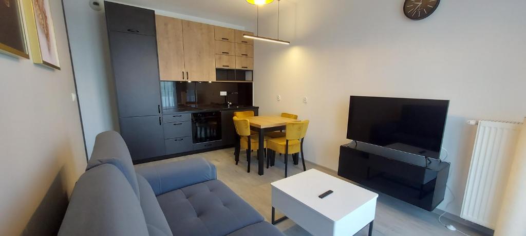 a living room with a couch and a table with a tv at Apartament BARCELONA in Krakow
