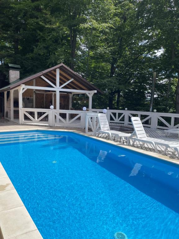 a swimming pool with a gazebo and a house at Chalet Mlyn in Migovo