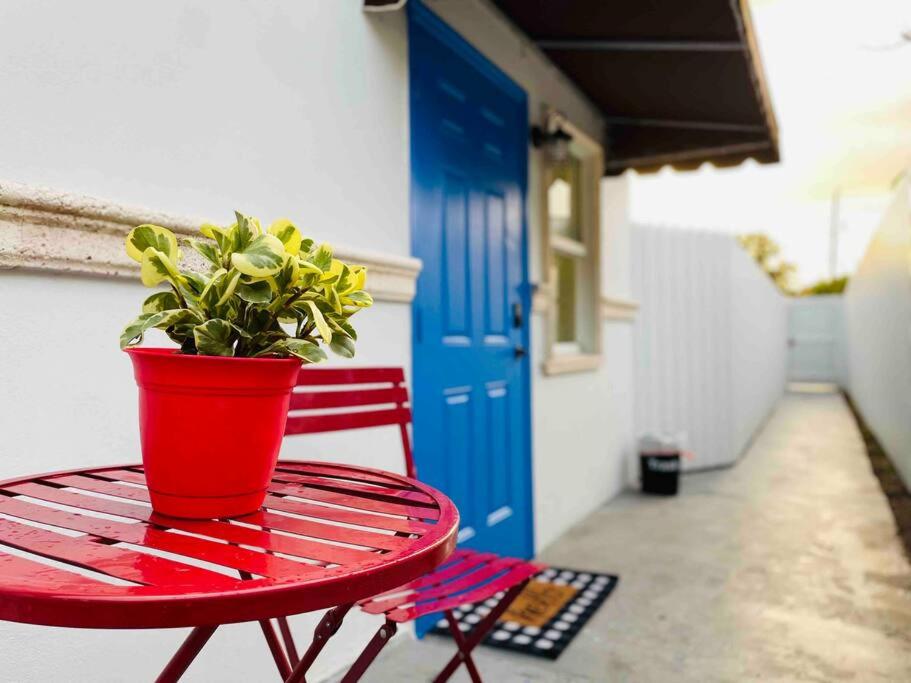 a red table with a potted plant on top of it at Sleeps 3, Cozy, Boho Style, in the heart of Miami -free parking in Miami