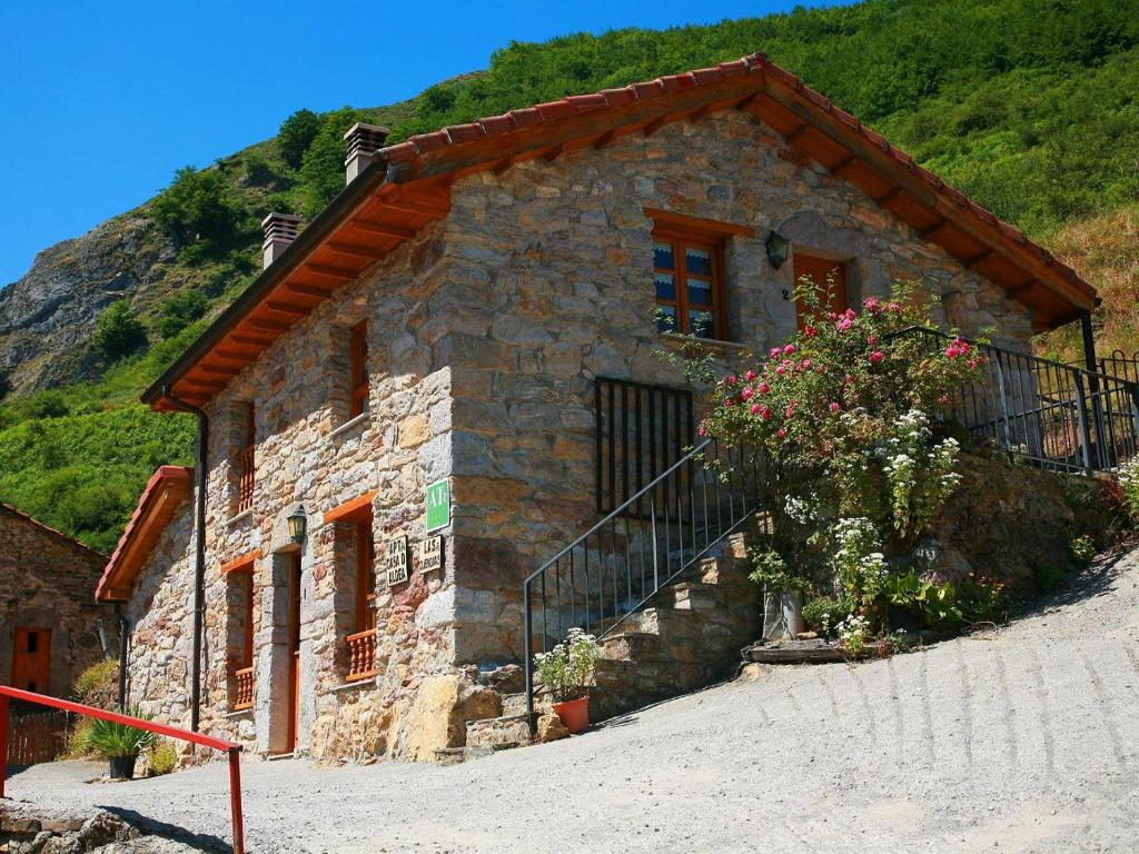 una pequeña casa de piedra en una colina con un arbusto en Apartamentos Rurales Las Cuendias, en Perlunes