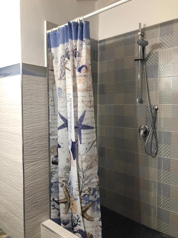 W łazience znajduje się prysznic z zasłoną prysznicową. w obiekcie Villa Oasi Dei Sogni w mieście Lampedusa