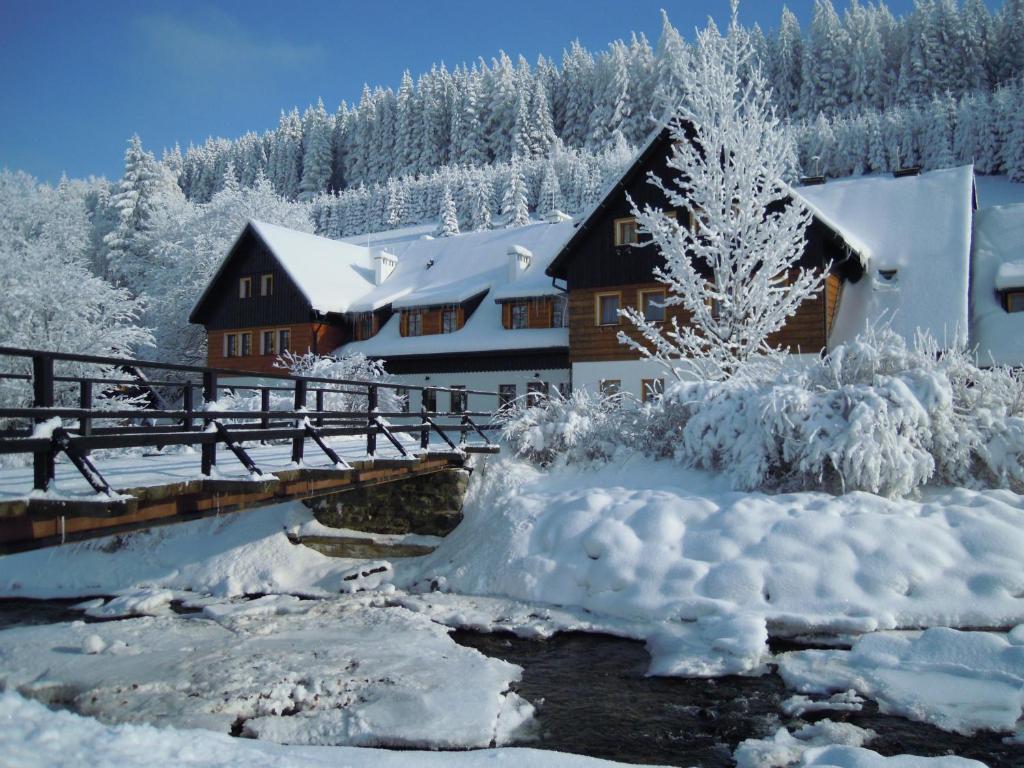 a cabin in the snow next to a river at Chata Cyborga in Stronie Śląskie