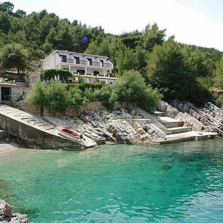 a house on a hill next to a body of water at Seaside secluded apartments Cove Vele Gacice, Hvar - 14255 in Bogomolje