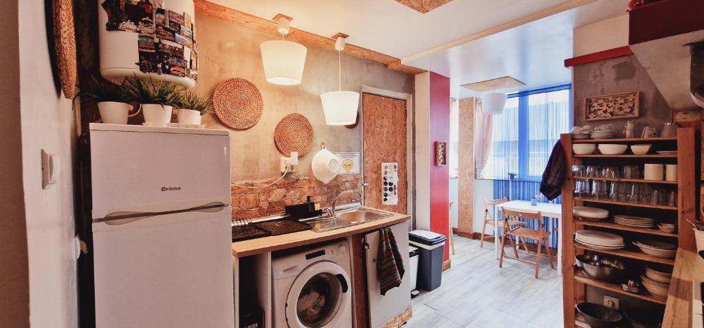 uma cozinha com um frigorífico e uma máquina de lavar roupa em Mini Hostel in Lisbon em Lisboa