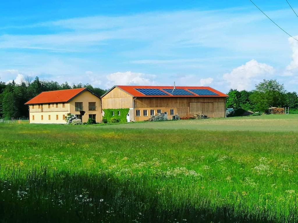 une grange avec un champ d'herbe et une maison dans l'établissement Niedergerner Alpaka Ranch, à Haiming