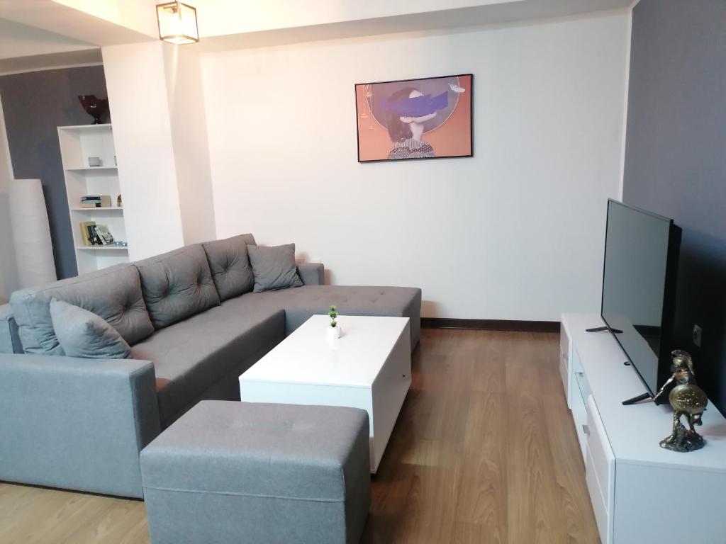 a living room with a couch and a tv at Ano's Apartment in Štip