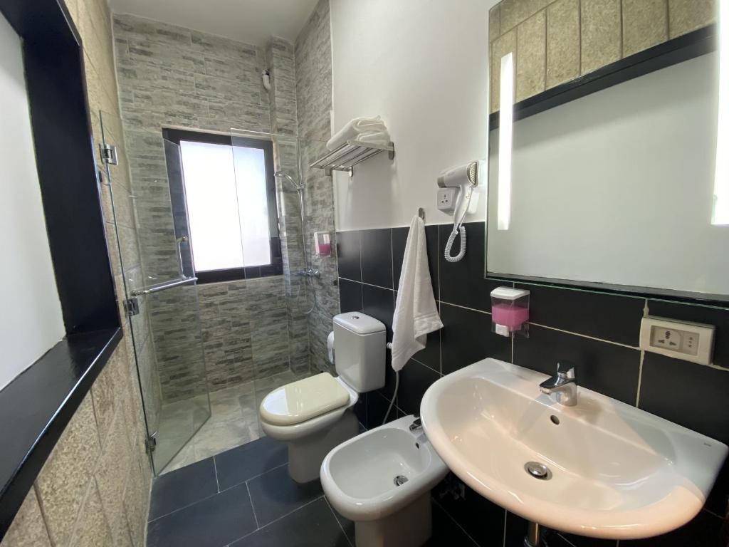 a bathroom with a sink and a toilet and a shower at Lemon Tree Residence in Amman
