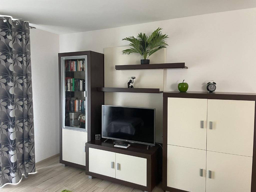 ein Wohnzimmer mit einem TV und einem Entertainment-Center in der Unterkunft Apartment 28 in Stadthagen