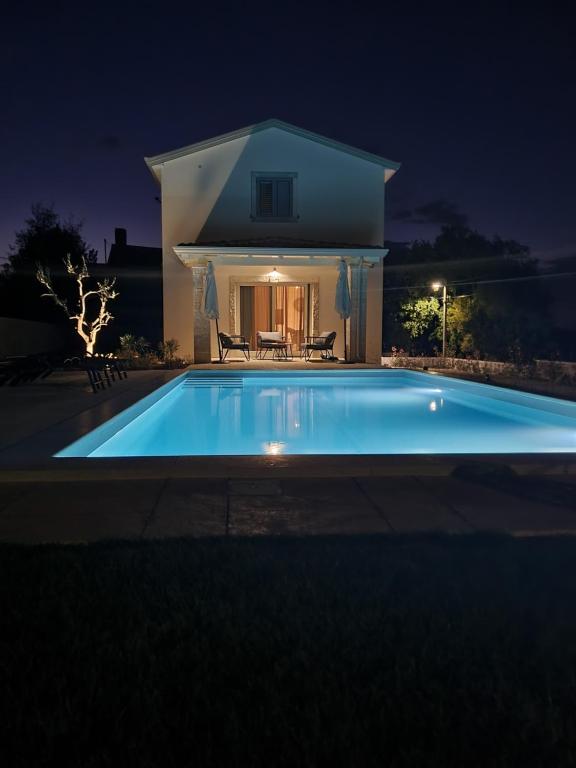 a swimming pool in front of a house at night at Villa Meliora in Vižinada
