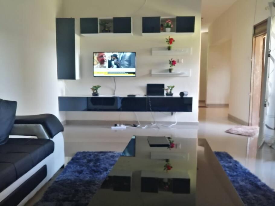 a living room with a couch and a tv at Specious Old Zamtel flats in Lusaka