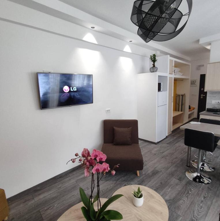 Televízia a/alebo spoločenská miestnosť v ubytovaní PETMEZA APARTMENT 1 Aigio City F