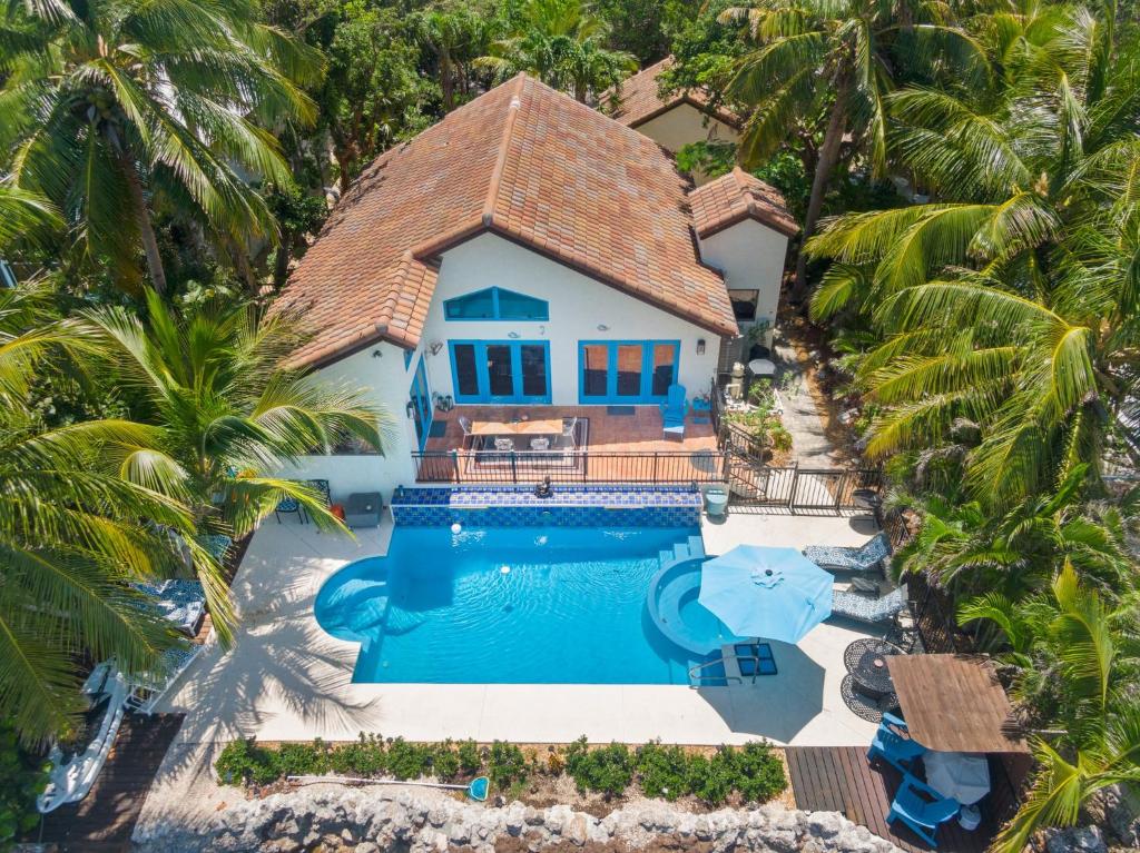 an aerial view of a house with a swimming pool and palm trees at Keys Oceanfront Beauty Dock and pool in Marathon