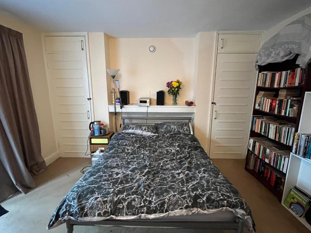 a bedroom with a bed and a book shelf at Room with A View in London